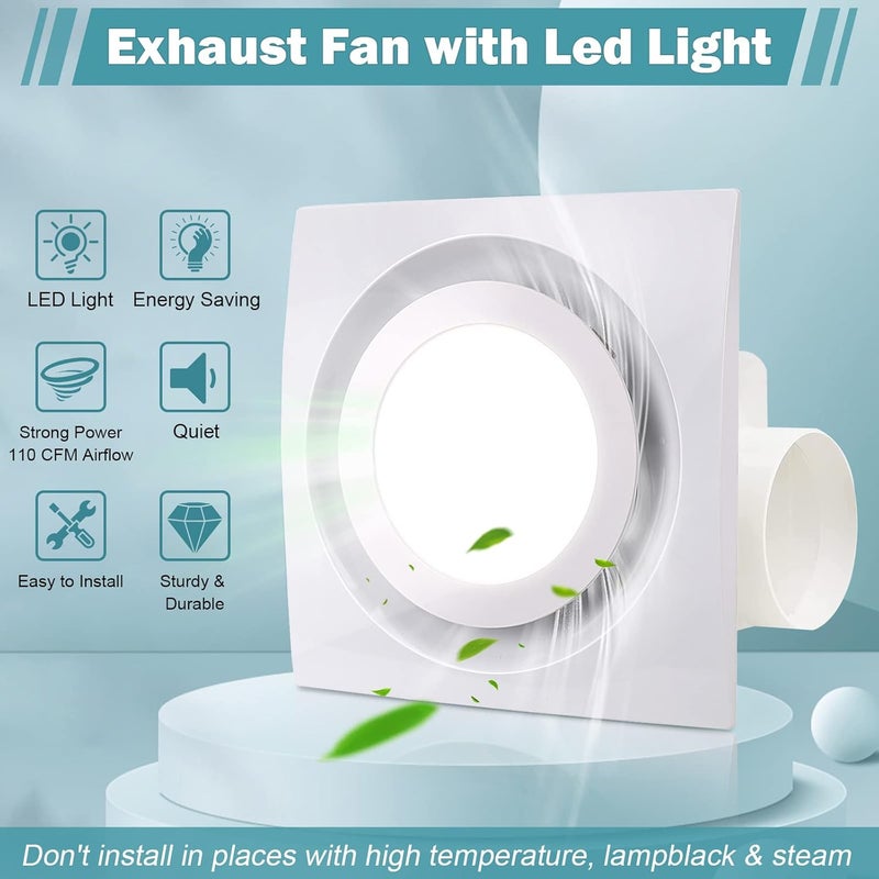 FEITON Bathroom Fan with Light Exhaust Fan Ceiling Mount Vent Fan Light Combo, 30W, 110V, 110 CFM 1.0 Sones, Square Quiet Ventilation Fan with LED Light - Image 2